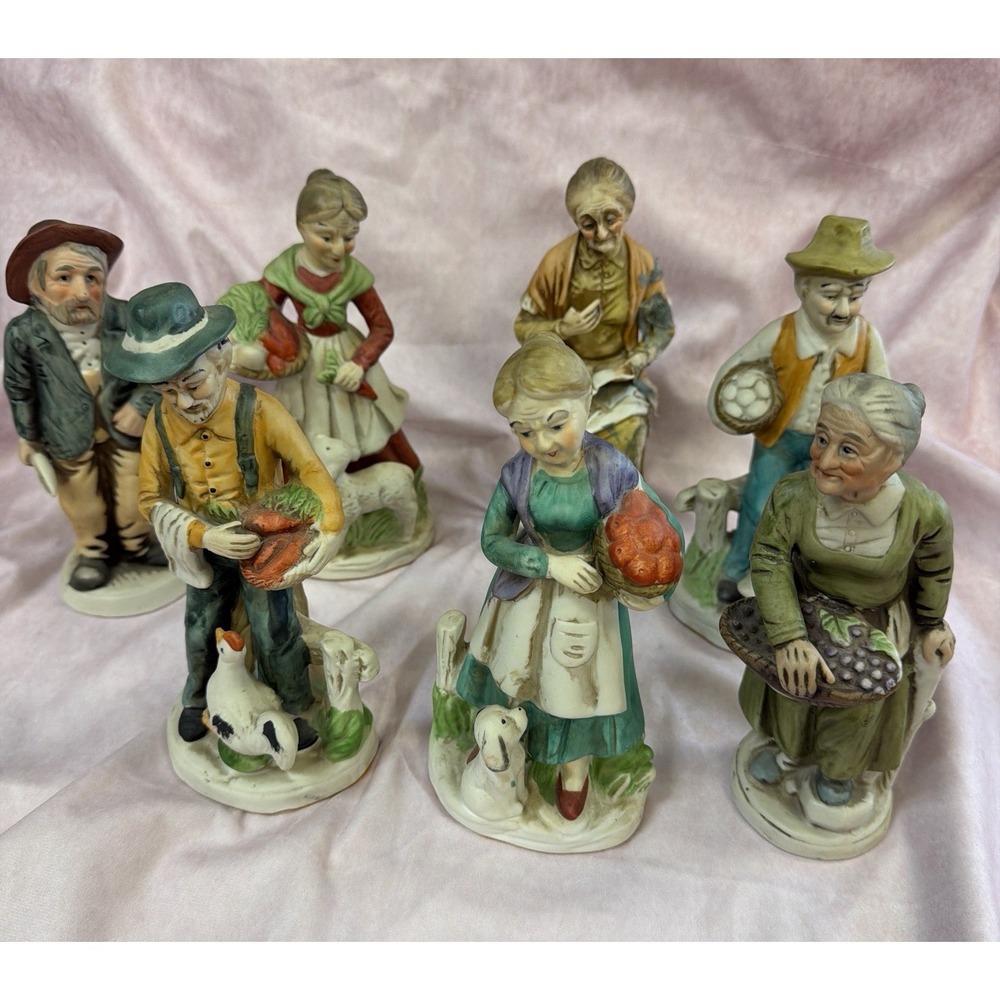 Vintage Bisque Porcelain Farm Village Figurines Set of 7 Japan Farmer Harvest‎